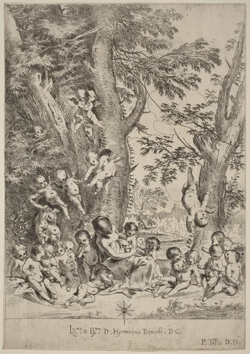 Young Woman, Surrounded by Cupids (The Garden of Charity, vertical version) by Pietro Testa, print, 1612-1650