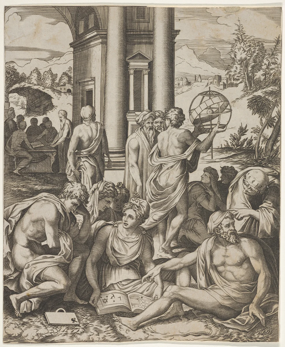 Assembly of male and female scholars gathered around an open book, in the middle ground a man holds aloft an armillary sphere, another group of scholars in the background by Marco Dente, print, 1510-1530
