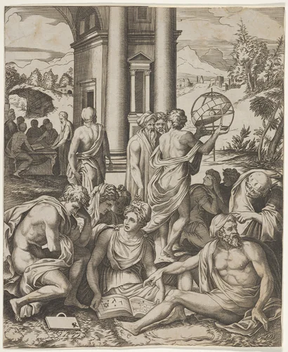 Assembly of male and female scholars gathered around an open book, in the middle ground a man holds aloft an armillary sphere, another group of scholars in the background by Marco Dente, print, 1510-1530