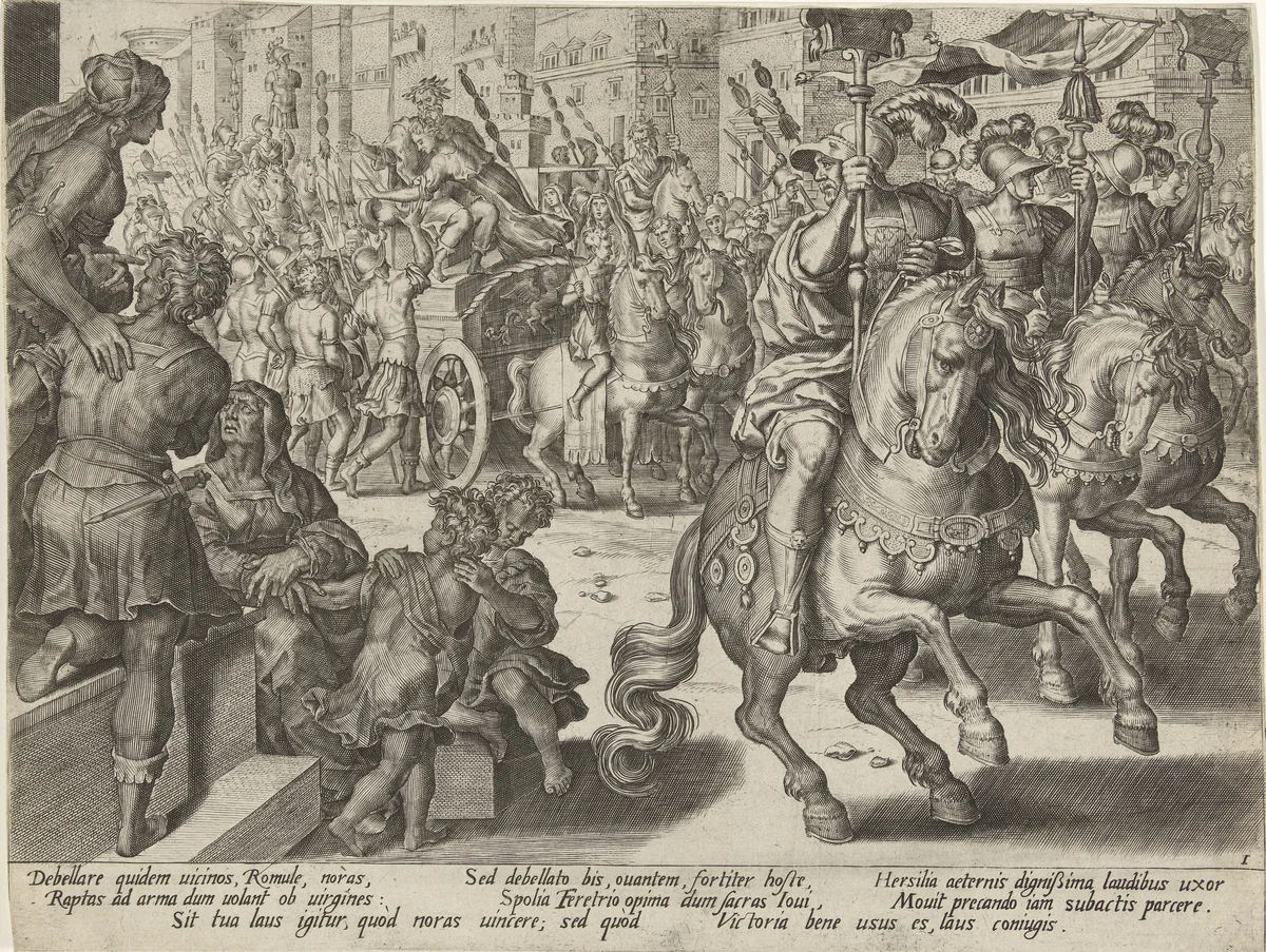 Romulus en Hersilia op een zegekar by Pieter Jalhea Furnius, print, 1573