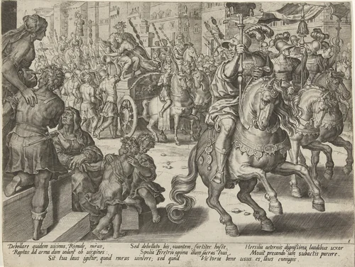 Romulus en Hersilia op een zegekar by Pieter Jalhea Furnius, print, 1573