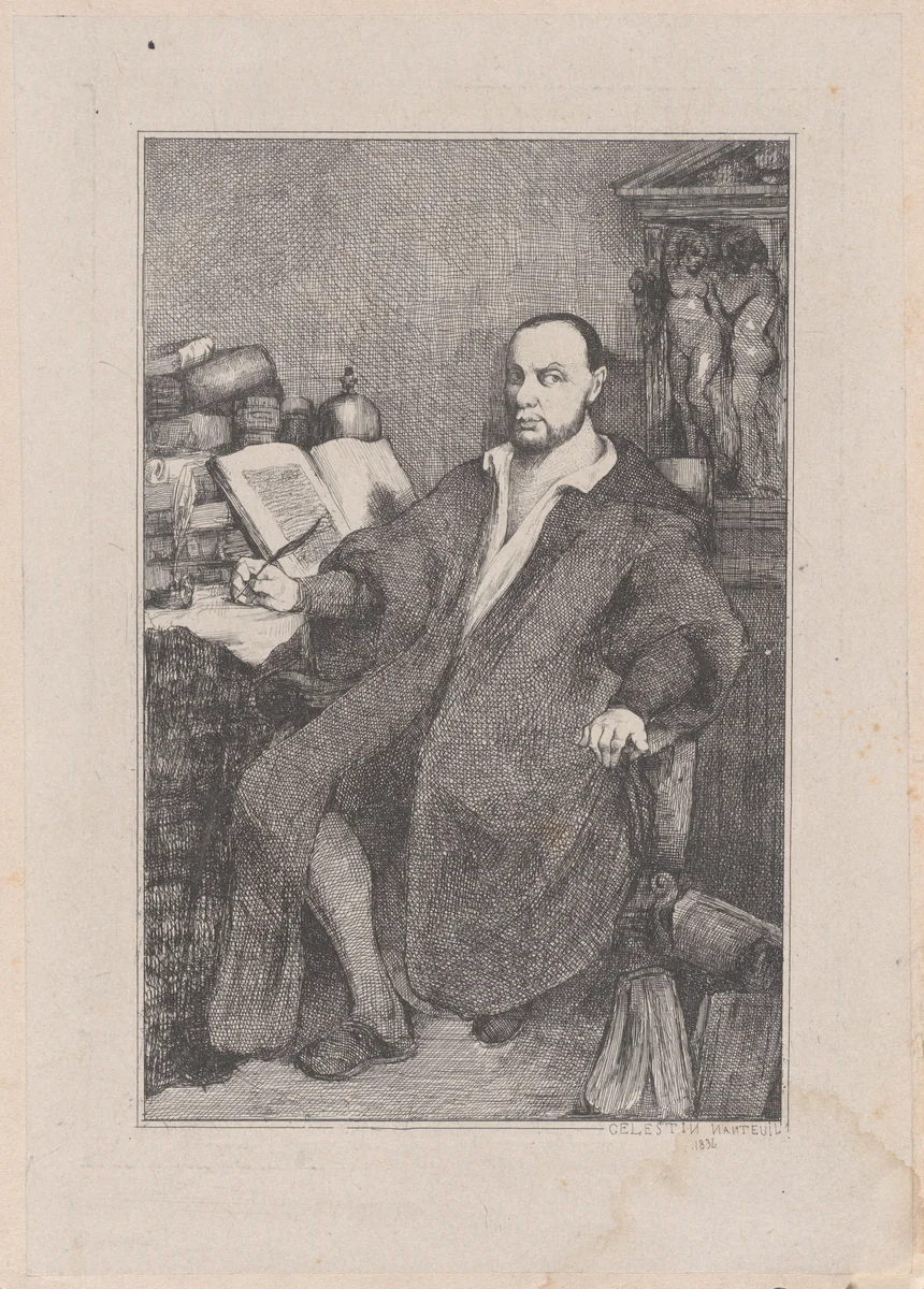 Seated Man with Quill in his Right Hand at Desk Littered with Books by Célestin Nanteuil, print, 1834