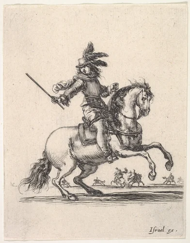 A commander on horseback, giving orders and motioning to the right, other horsemen in the background, two of which are engaged in a duel with pistols, from "Various cavalry exercises" (Diverses exercices de cavalerie) by Stefano della Bella, print, 1642-1645