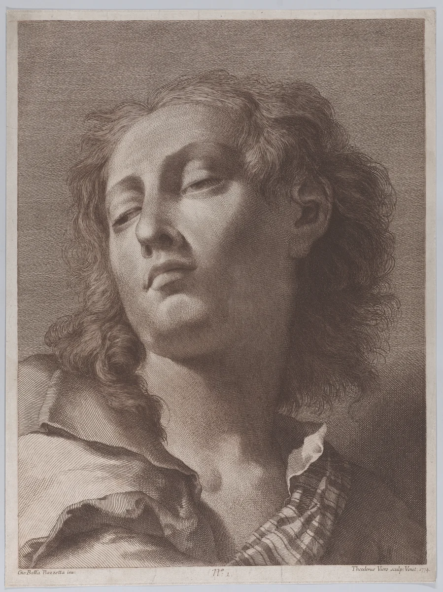 Head of a young man looking upwards; after Giovanni Battista Piazzetta by Teodoro Viero, print, 1774
