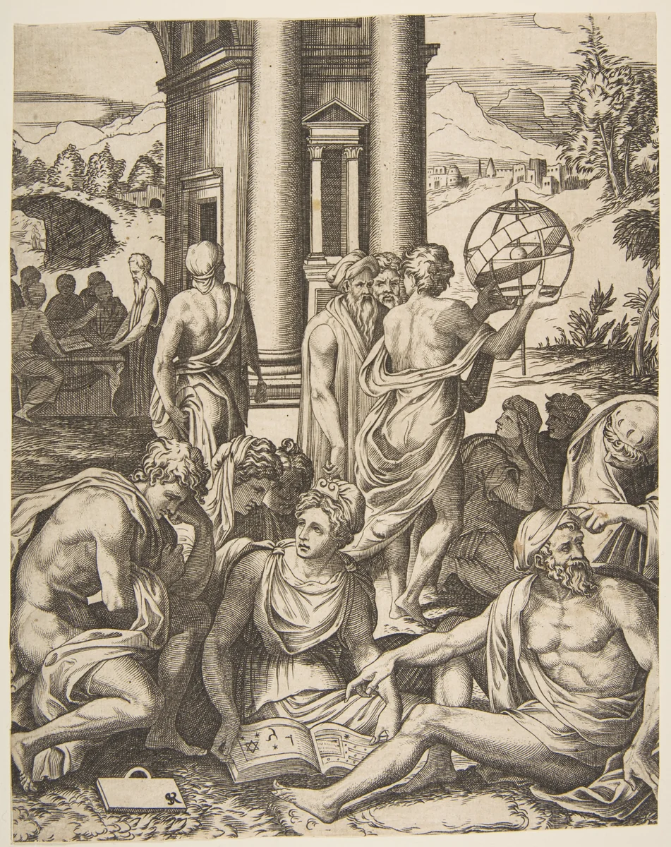 Assembly of male and female scholars gathered around an open book, in the middle ground a man holds aloft an armillary sphere, another group of scholars in the background by Marco Dente, print, 1510-1532