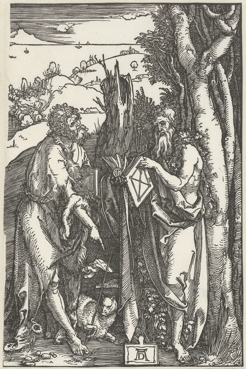 Johannes de Doper met de Heilige Onuphrius in de wildernis by Unknown, print, 1503-1504