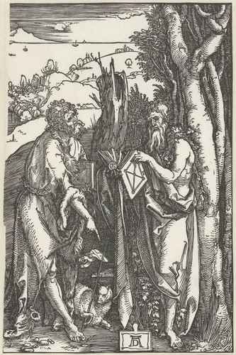 Johannes de Doper met de Heilige Onuphrius in de wildernis by Unknown, print, 1503-1504