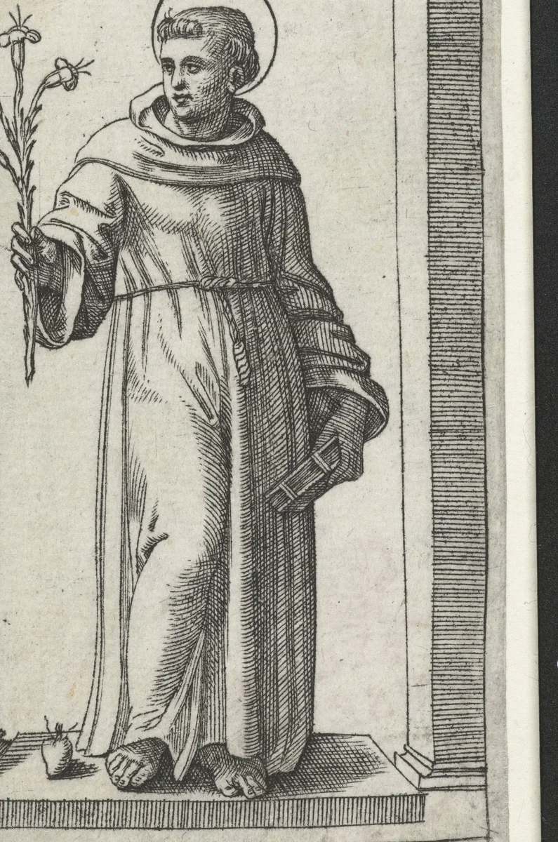 Heilige Antonius van Padua met lelie en hart by Marcantonio Raimondi, print, 1500-1527