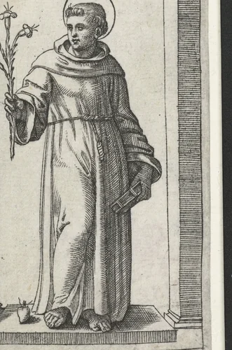 Heilige Antonius van Padua met lelie en hart by Marcantonio Raimondi, print, 1500-1527