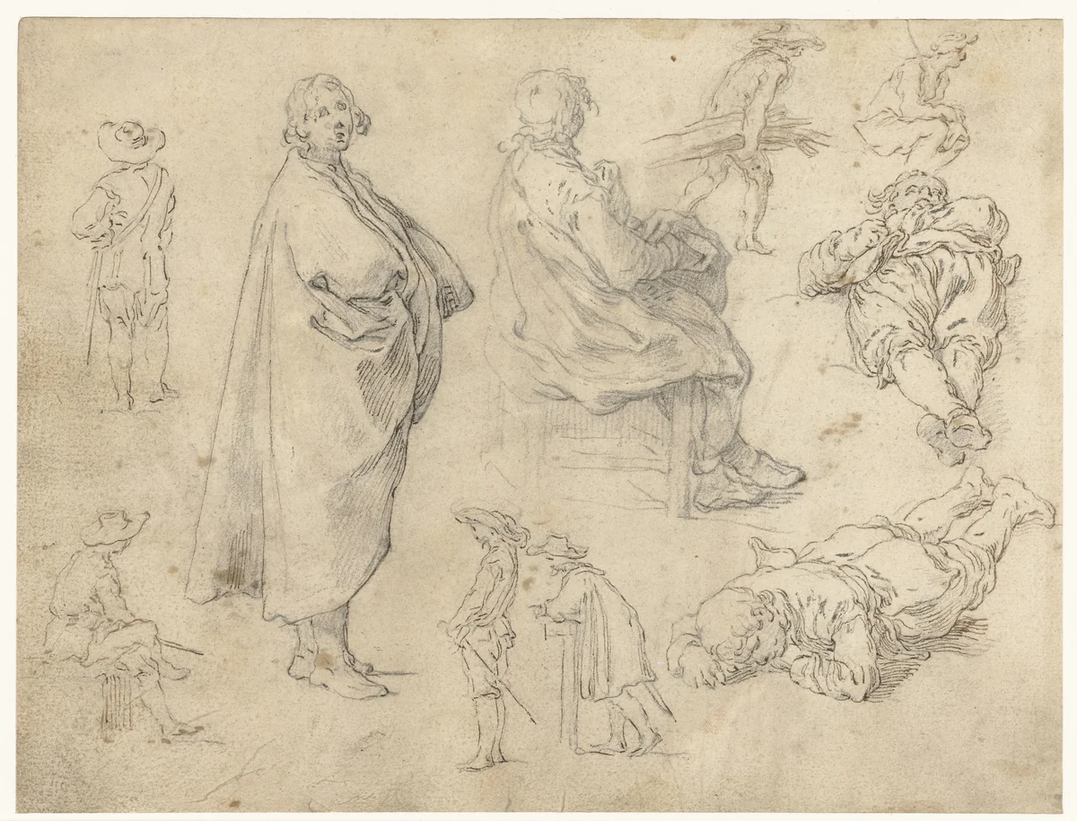 Zittende en staande jongen by Abraham Bloemaert, drawing, 1625-1629