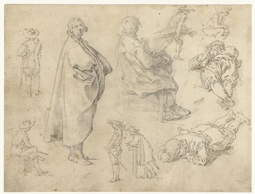 Zittende en staande jongen by Abraham Bloemaert, drawing, 1625-1629