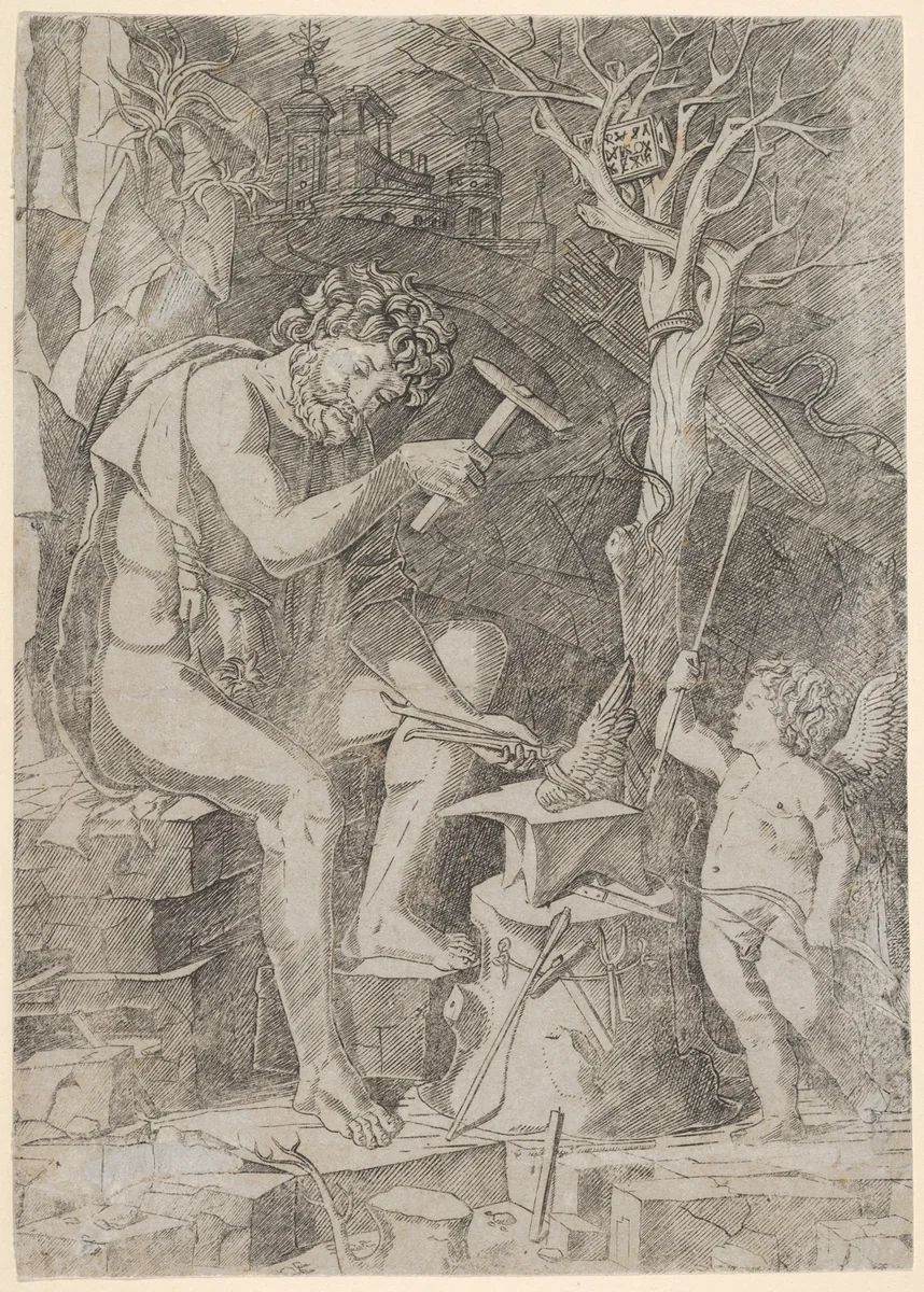 Vulcan seated forging Cupid's wing by Nicoletto da Modena, print, 1500-1510