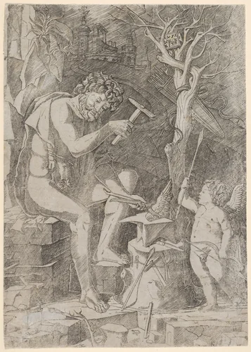 Vulcan seated forging Cupid's wing by Nicoletto da Modena, print, 1500-1510