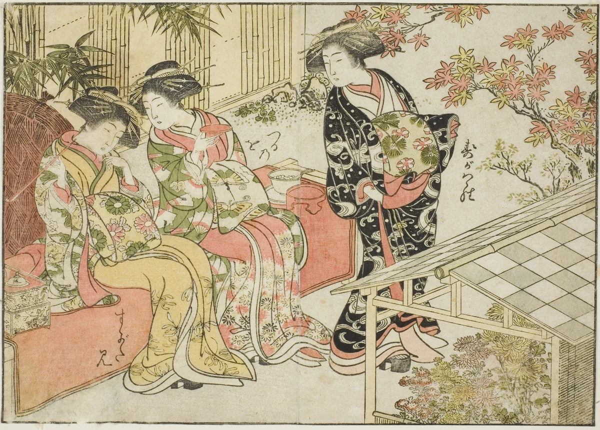 Courtesans of Tsuruya, from the book "Mirror of Beautiful Women of the Pleasure Quarters (Seiro bijin awase sugata kagami)," vol. 2 by Katsukawa Shunsho (勝川 春章), print, 1776