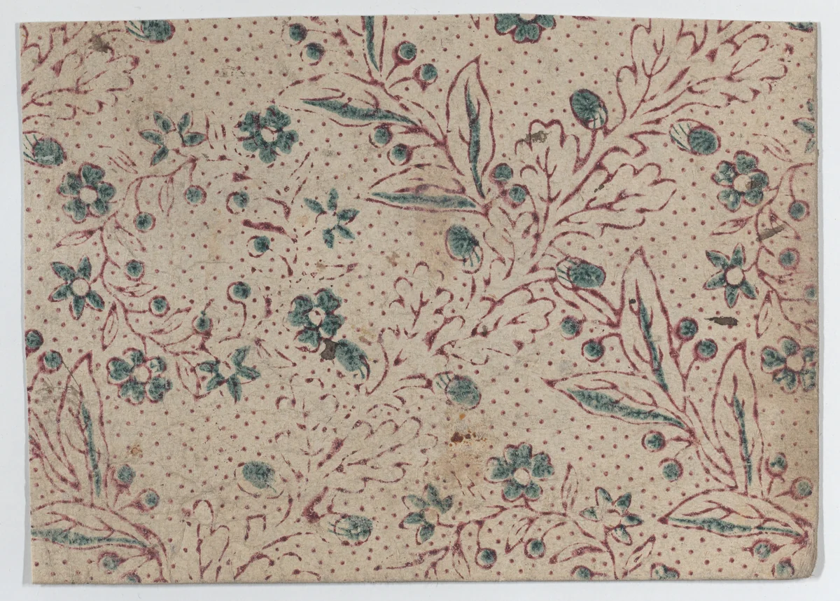 Sheet with blue and purple floral and dot pattern by anonymous, print, 1700-1800