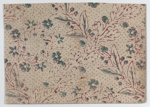 Sheet with blue and purple floral and dot pattern by anonymous, print, 1700-1800