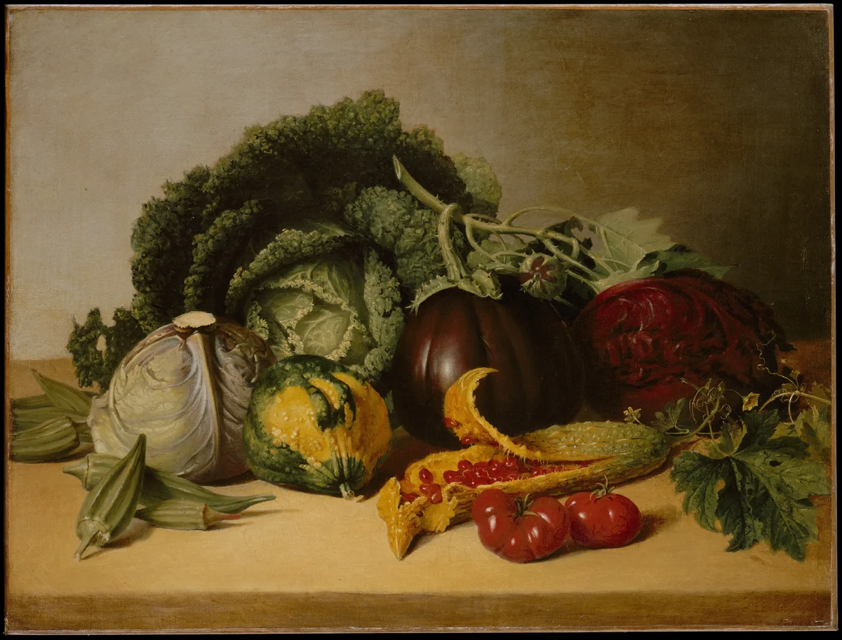 Still Life: Balsam Apple and Vegetables by James Peale, artwork, 1817-1820