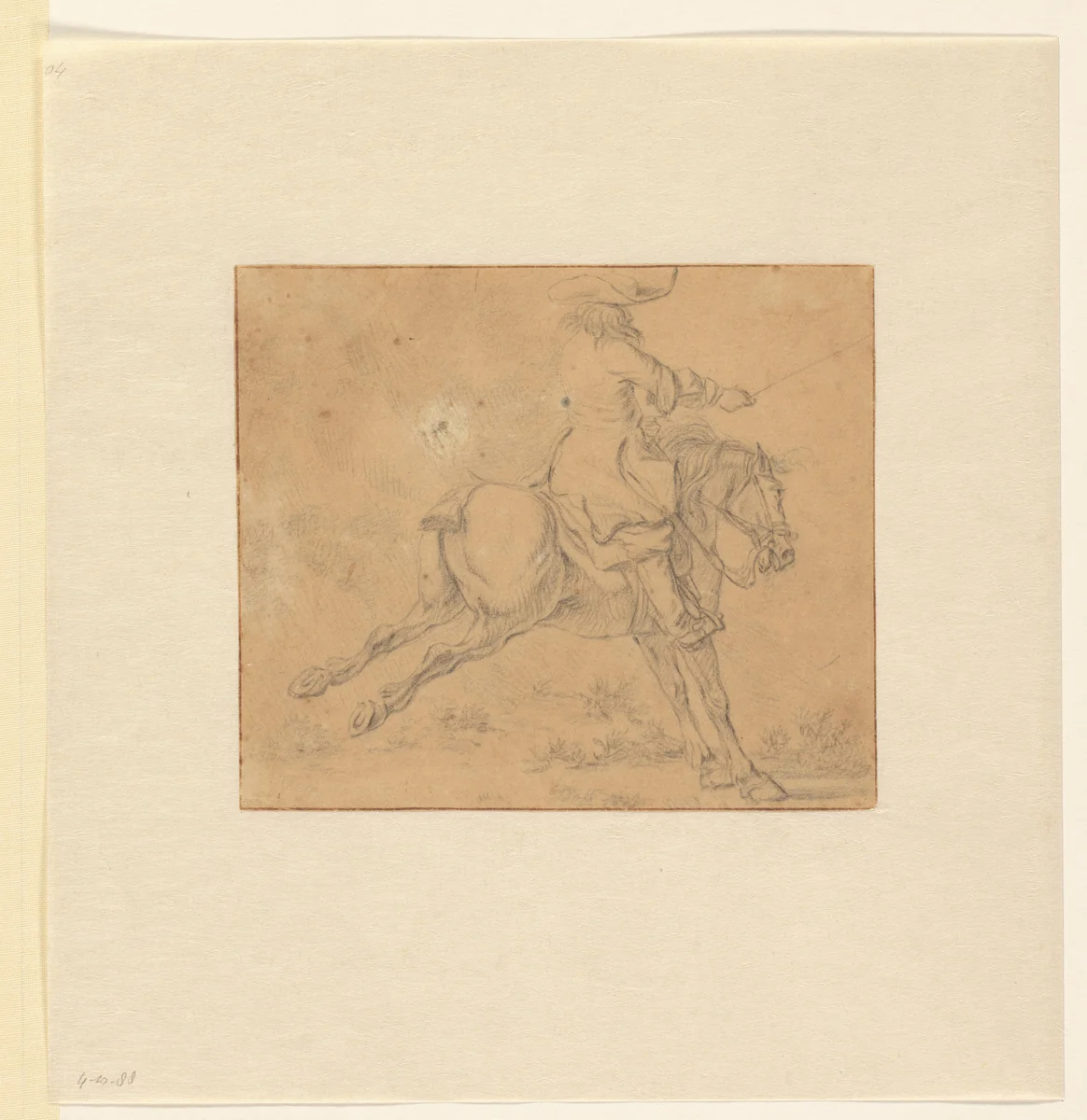 Ruiter op een achteruitslaand paard by Jan Jacobsz van der Stoffe, drawing, 1621-1682