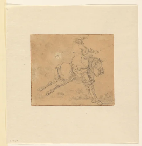 Ruiter op een achteruitslaand paard by Jan Jacobsz van der Stoffe, drawing, 1621-1682