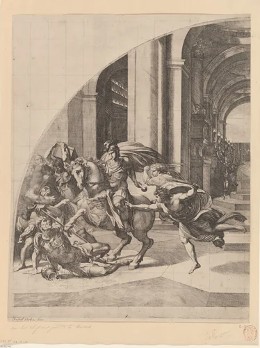 De verdrijving van Heliodorus uit de tempel (linker deel) by Carlo Maratta, print, 1635-1713