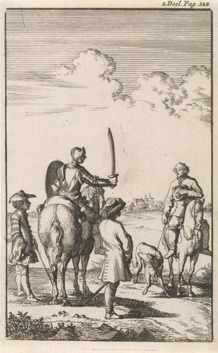 Ontmoeting van Don Clarazel met een boer, beiden te paard by Caspar Luyken, print, 1697