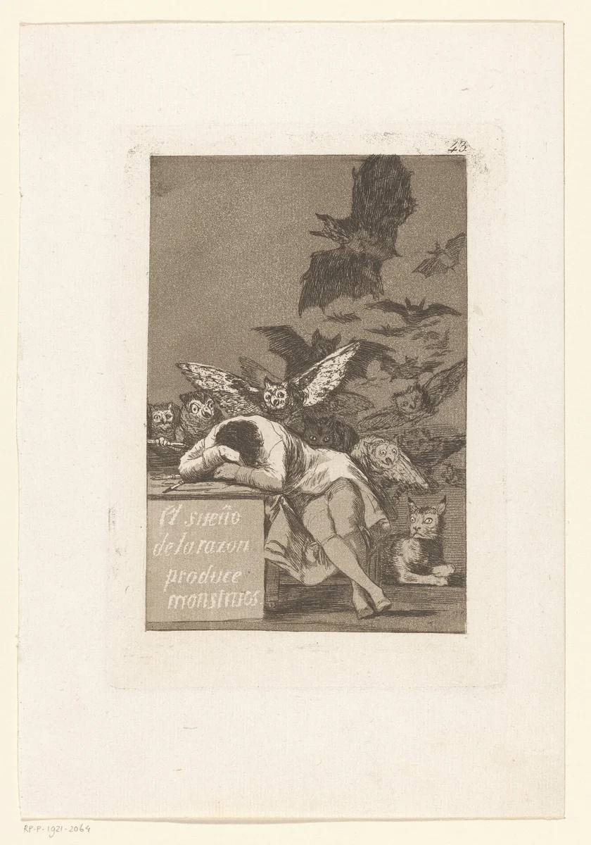 De slaap van de rede brengt monsters voort by Francisco de Goya, print, 1797-1799