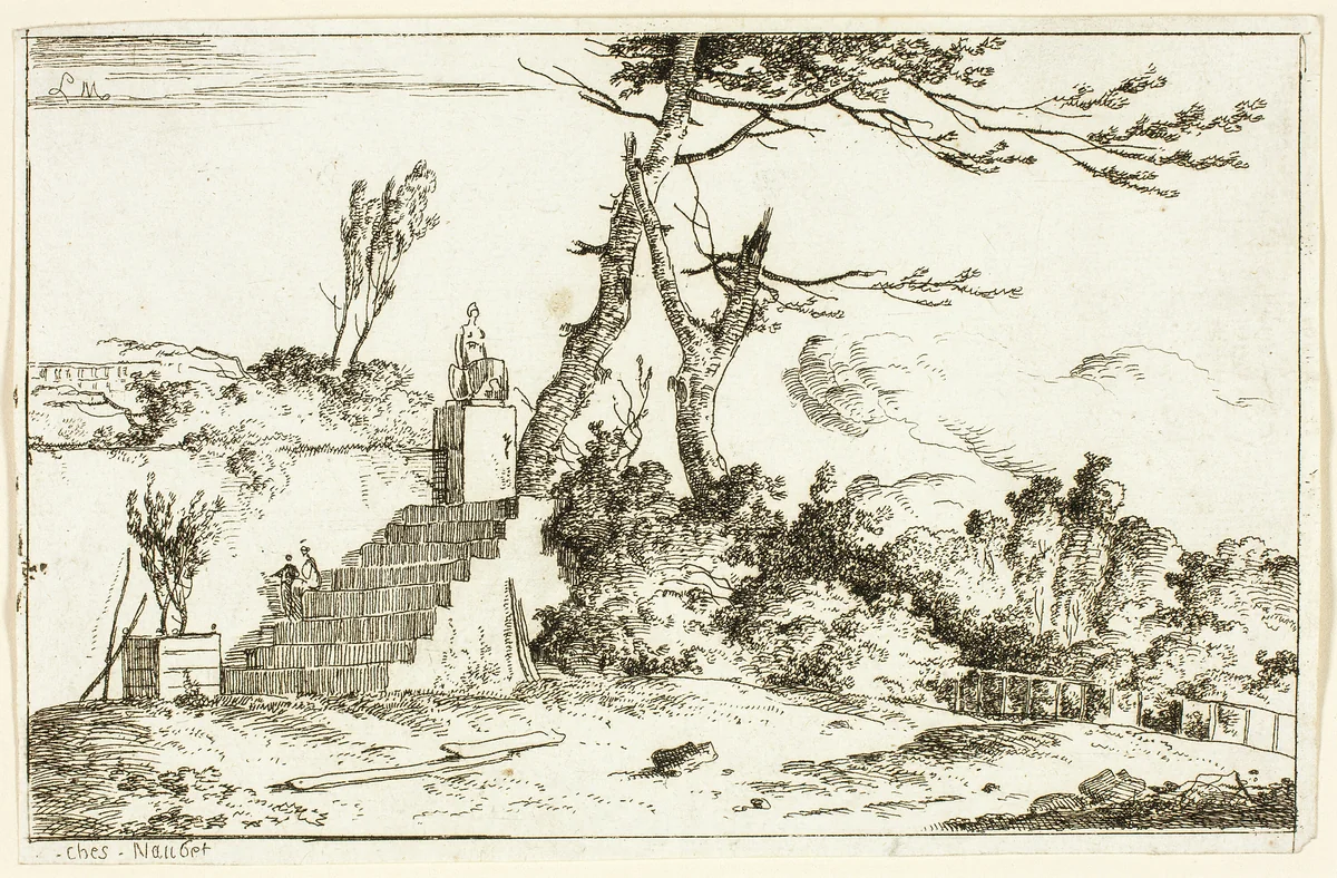 Landscape with Classical Statue by Louis Gabriel Moreau, print, 1779-1797