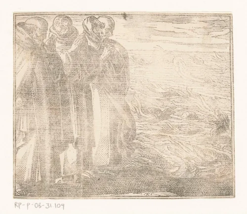 Drie heiligen en zeemonsters by Leonardo Parasole, print, 1580-1630