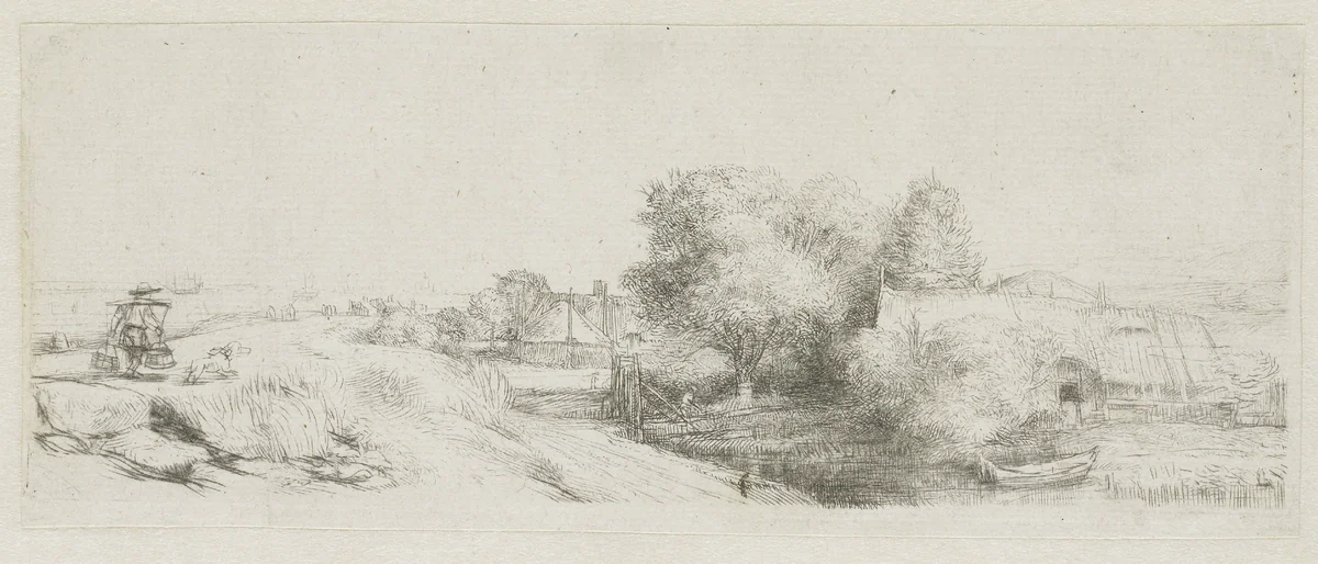 View of the Diemerdijk with a milkman and cottages by Rembrandt van Rijn, print, 1650