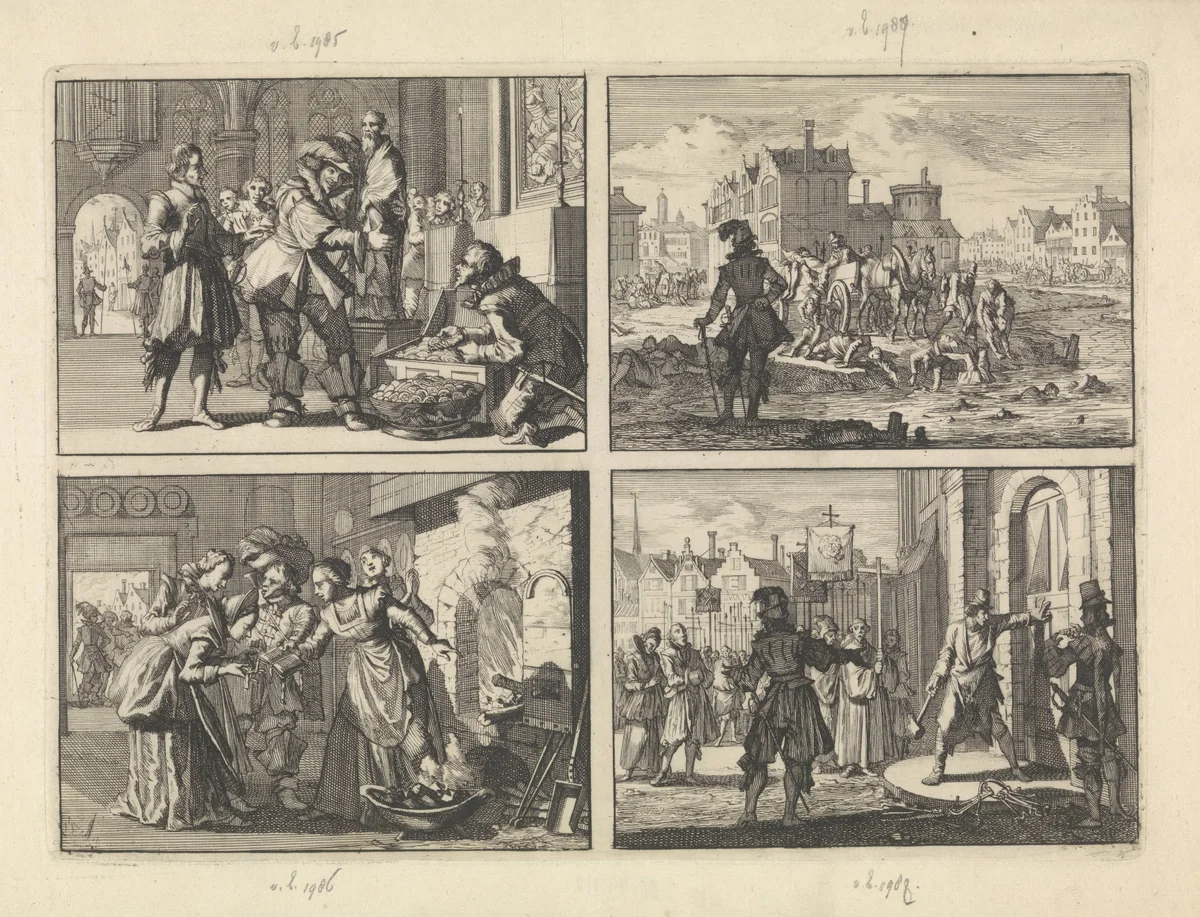 Christiaan, hertog van Brunswijk, vindt in de Dom van het door hem veroverde Paderborn schatten waaronder het gouden beeld van Liborius, 1622 / Johan 't Serclaes, graaf van Tilly, heeft Minden veroverd en laat zijn slachtoffers in Wertha werpen, 1626 / In Langengunz (Hessen) wordt het boekje "Paradyshofken" onbeschadigd uit een brandende oven gehaald, 1624 / Deur van de hervormde kerk te Wesel wordt met geweld geopend, 1628 by Caspar Luyken, print, 1698