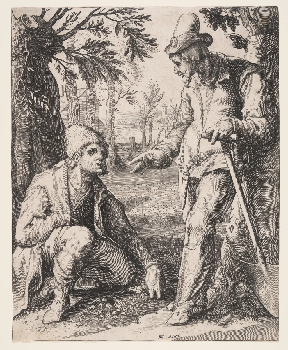 Two Peasants by Jacob Matham, print, 1585-1595