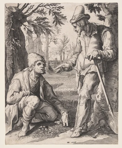 Two Peasants by Jacob Matham, print, 1585-1595
