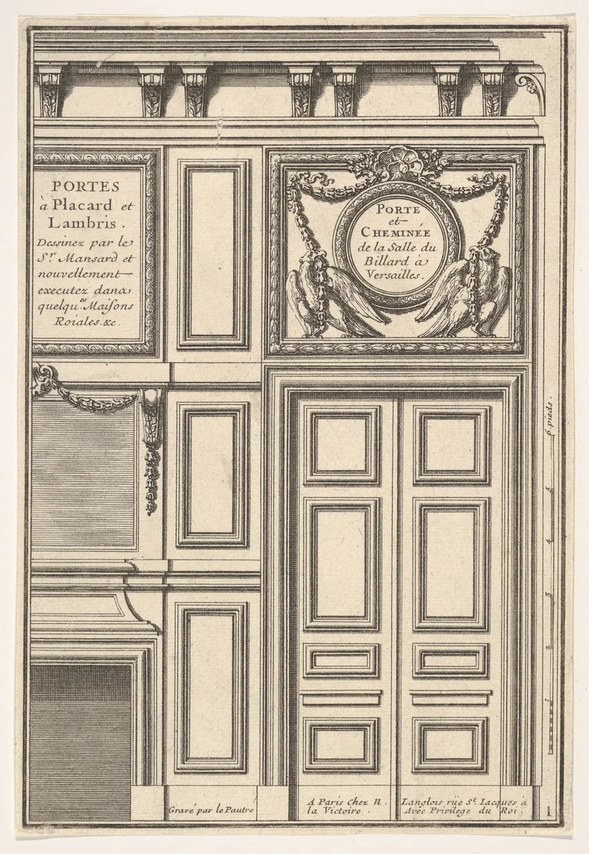 Door and Chimney of the Billiards room at Versailles, plate I from "Portes a Placard et Lambris" by Jean Le Pautre, print, 1618-1682