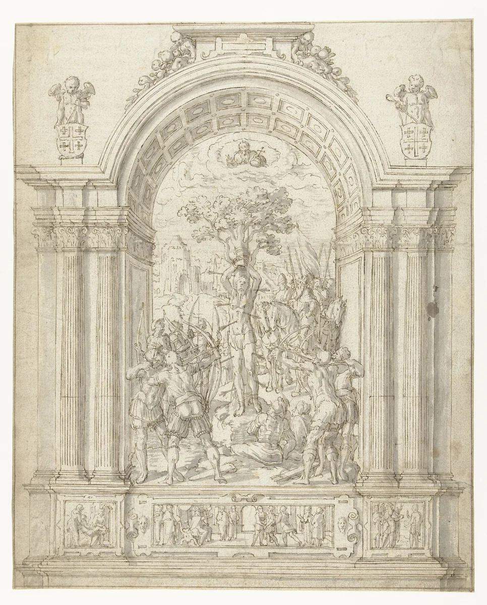 Martelaarschap van de heilige Sebastiaan by anonymous, drawing, 1530-1599