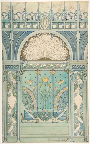 Design for a wall decoration with peacock, cranes, and sunflowers for the restaurant in Hotel Langham (Paris) by Emile Hurtré, drawing, 1896-1898