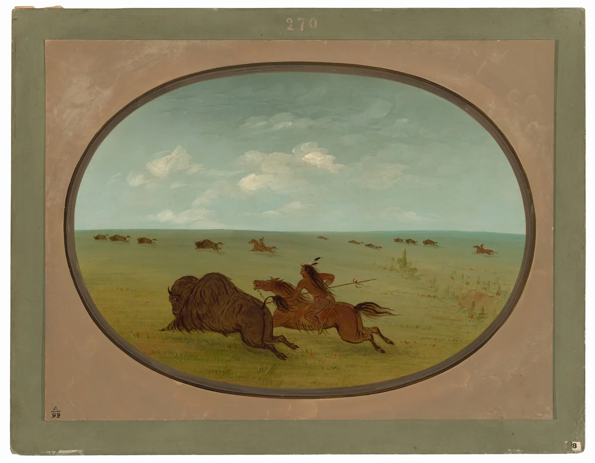 Buffalo Chase, Sioux Indians, Upper Missouri by George Catlin, painting, 1861-1869