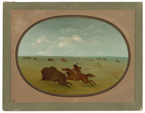 Buffalo Chase, Sioux Indians, Upper Missouri by George Catlin, painting, 1861-1869