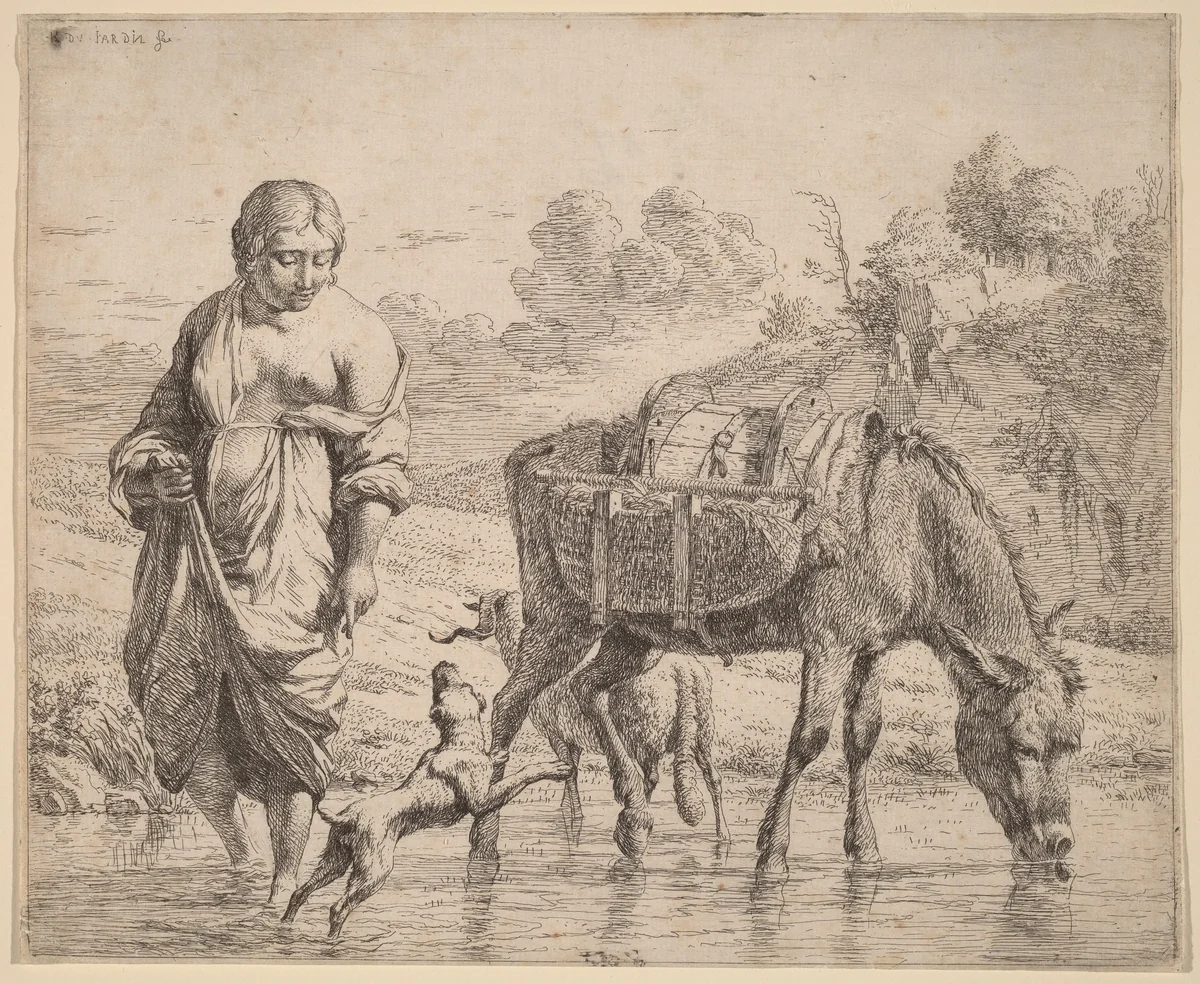 Woman Crossing a Stream by Karel Dujardin, print, 1662