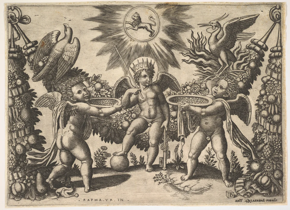 Two putti presenting cups full of gold to a putto in the guise of the god of riches, from a series of tapestries made for Leo X by Master of the Die, print, 1525-1535