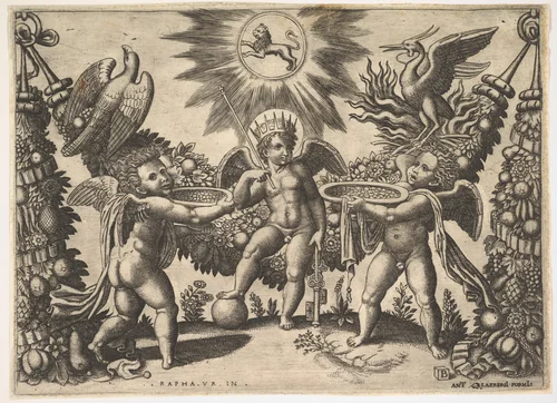 Two putti presenting cups full of gold to a putto in the guise of the god of riches, from a series of tapestries made for Leo X by Master of the Die, print, 1525-1535