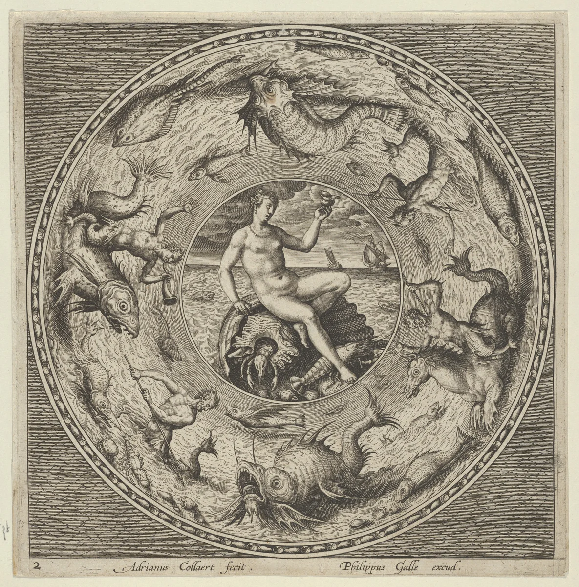 Design for a Plate with Thetis on a Shell in a Medallion Bordered by Sea Monsters by Adriaen Collaert, print, 1595-1605