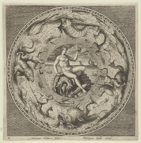 Design for a Plate with Thetis on a Shell in a Medallion Bordered by Sea Monsters by Adriaen Collaert, print, 1595-1605