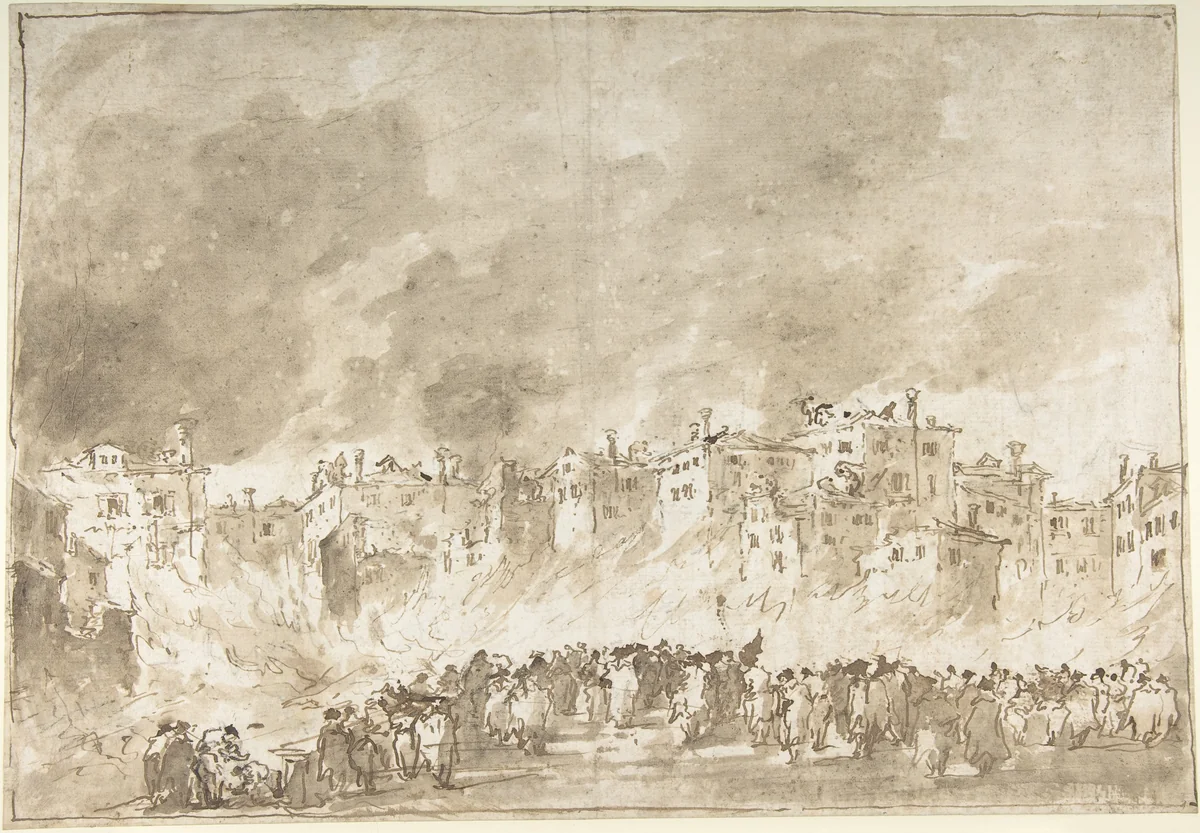 The Fire at San Marcuola (recto); Roman Ruins (verso) by Francesco Guardi, drawing, 1712-1793