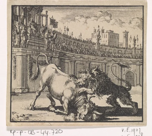 Strijd tussen een stier en een leeuw in een amfitheater te Jeruzalem by Jan Luyken, print, 1698