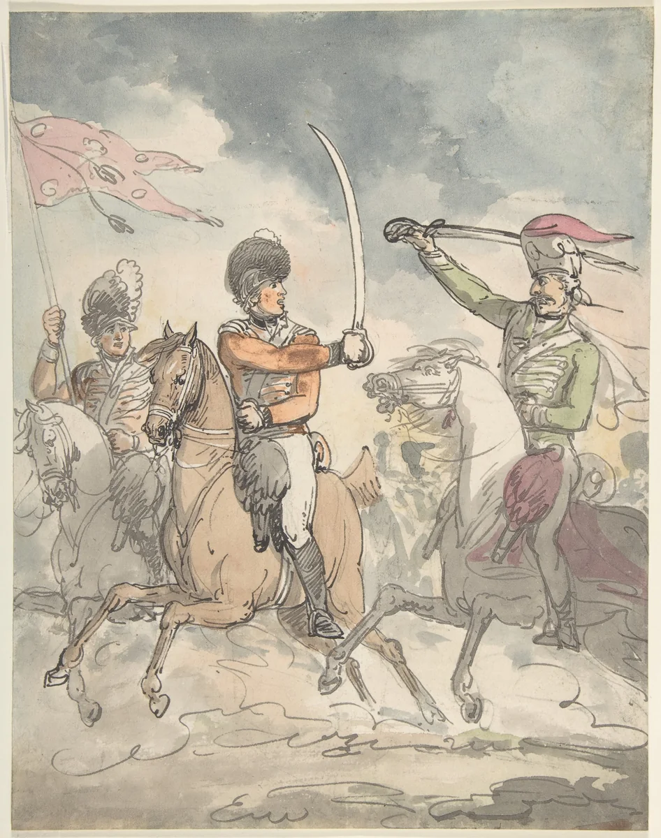 Unused study for a plate to "Hungarian and Highland Broadsword Exercise" Feb. 12, 1799 by Thomas Rowlandson, drawing, 1794-1804