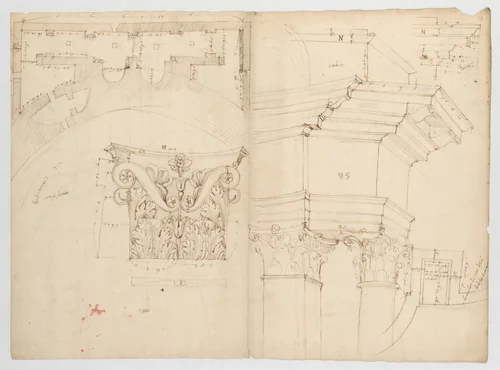Pantheon, perspective elevation, partial plans, Corinthian pilaster capital and alcove details (recto) Pantheon, perspective sections, alcove elevations, partial plans (verso) by anonymous, drawing, 1500-1560