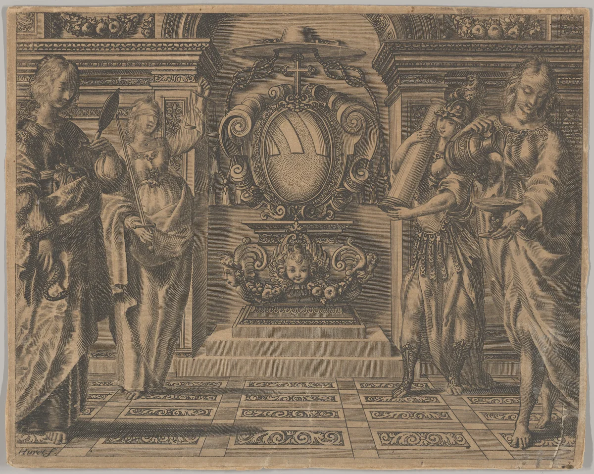 Arms of the Ludovisi Family Surrounded by Four Allegorical Figures by Jean Couvay, print, 1620-1650