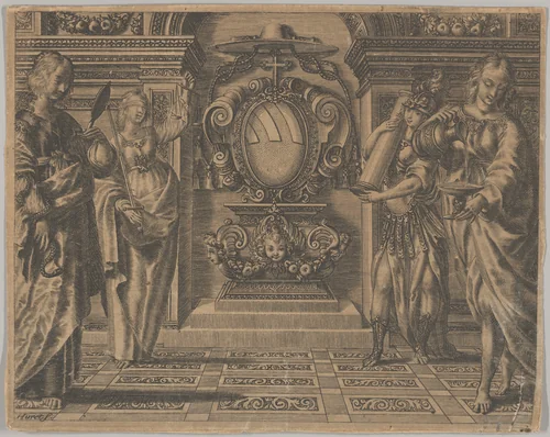 Arms of the Ludovisi Family Surrounded by Four Allegorical Figures by Jean Couvay, print, 1620-1650