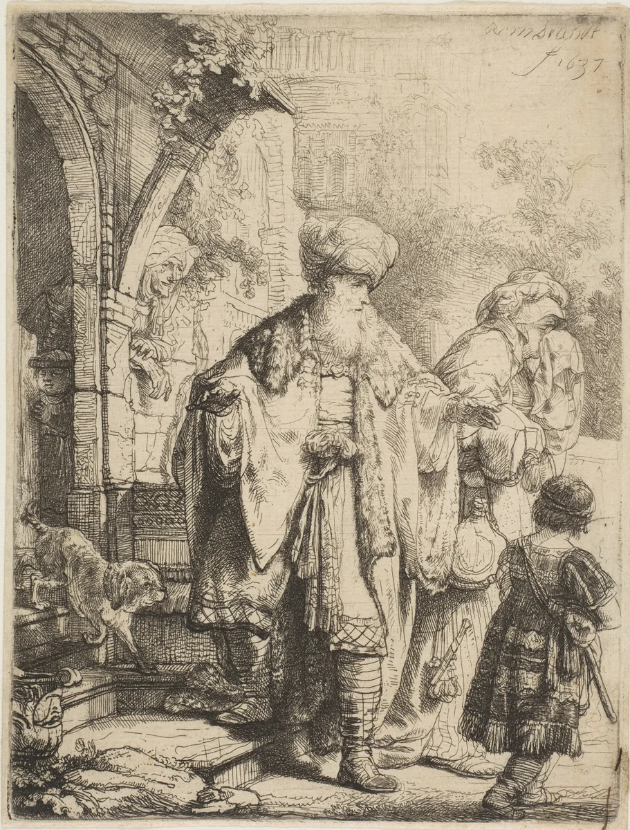 Abraham Casting Out Hagar and Ishmael by Rembrandt van Rijn, print, 1637