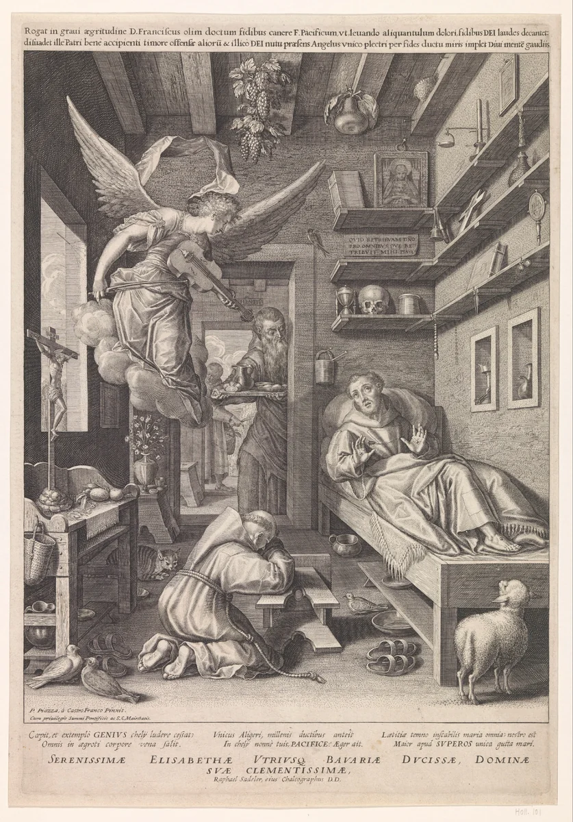 Heilige Franciscus op zijn ziekbed by Unknown, print, 1593-1632